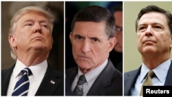 FILE - From left, President Donald Trump, former White House National Security Advisor Michael Flynn, FBI Director James Comey.