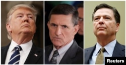 FILE - From left, President Donald Trump, former White House National Security Advisor Michael Flynn, FBI Director James Comey.
