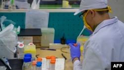 Seorang karyawan bekerja di bagian produksi vaksin Covid-19 di Bio Farma, Bandung, Jawa Barat, 12 Agustus 2020. (Foto: Bayu Ismoyo/ AFP)