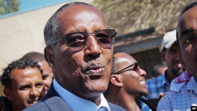 FILE - President Muse Bihi Abdi was a candidate, Nov. 134, 2017, when he spoke to the media after casting his vote in the presidential election in Hargeisa, in the semi-autonomous region of Somaliland.
