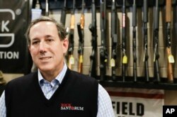 FILE - Former Pennsylvania Sen. Rick Santorum speaks during a presidential campaign stop at the Central Impact Shooting Range in Boone, Iowa, Jan. 30, 2016.