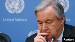 Sekretaris Jenderal PBB Antonio Guterres dalam konferensi pers mengenai perubahan iklim di New York, 28 Maret 2019.