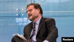 FILE - Jonah Goldberg is pictured as he participates in a discussion at an American Enterprise Institute forum in Washington, D.C., July 19, 2018.