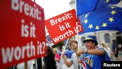 Pro-EU demonstrators wave flags outside the Houses of Parliament in Westminster London, Britain, July 17, 2018.