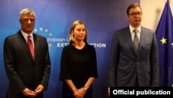 Visoka predstavnica EU Federika Mogerini sa predsednicima Srbije i Kosova, Aleksandrom Vučićem i Hašimom Tačijem u Briselu