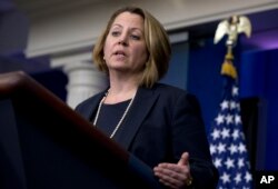 FILE - White House Counterterrorism advisor Lisa Monaco speaks at the White House, in Washington, June 24, 2015. Monaco said the administration will release an assessment in the “coming weeks” of both combatant and civilian drone casualties.
