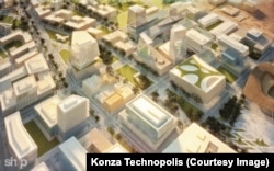 An artist's rendering shows a main boulevard concept of office buildings in the Konza Technopolis.
