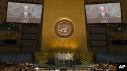 지난 9월 유엔 총회에서 핵무기 위협에 대해 발언하는 아마노 유키아 국제원자력기구 사무총장. (자료사진)