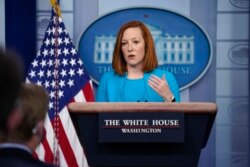 Sekretaris pers Gedung Putih Jen Psaki berbicara selama konferensi pers di Gedung Putih, Senin, 22 Maret 2021, di Washington. (Foto AP / Evan Vucci)