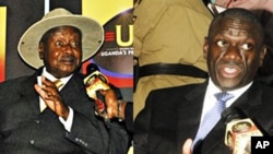 Uganda President Yoweri Museveni, left, being interviewed by a journalist, after he was nominated to run for presidential elections; Forum for Democratic Change’s Dr. Kizza Besigye after being nominated for presidential elections in the capital city Kampa
