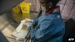 Une personne tient un vaccin expérimental contre le virus du sida à Shoshaguve, près de Pretoria, le 30 novembre 2016, alors que l'Afrique du Sud lance un essai clinique avec ce vaccin expérimental.