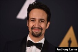 FILE - Lin-Manuel Miranda arrives at the 2016 Governors Awards, Nov. 12, 2016, in Los Angeles.