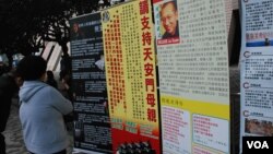 A woman reads information at a Hong Kong Carnival on International Human Rights Day 2012.