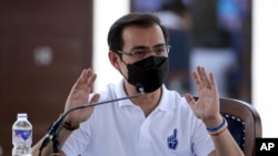 Manila Mayor Isko Moreno answers questions after he declared his bid to run for president in a speech at a public school in the slum area near the place where he grew up in Manila, Philippines on Sep. 22, 2021.