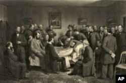 This 1875 lithograph by Alexander Hay Ritchie shows the dying president, surrounded by friends and acquaintances, including some of his cabinet members.