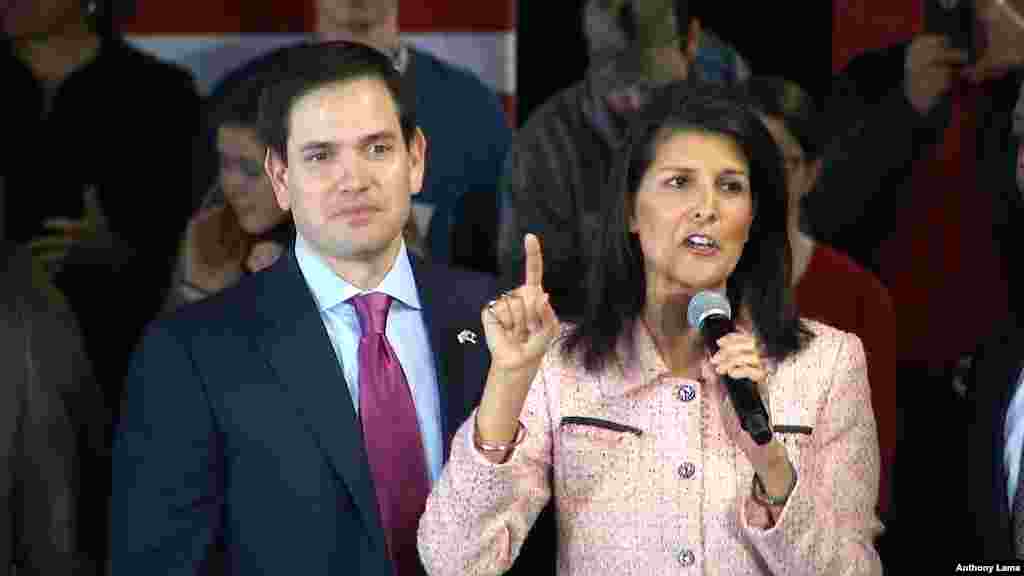 Gov. Nikki Haley, R-South Carolina, right, campaigns with Republican presidential candidate Sen. Marco Rubio, R-Florida, in Greenville, South Carolina, Feb. 18, 2016. 
