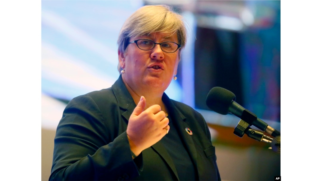 FILE - Rachel Kyte, CEO of Sustainable Energy for All, set up by the United Nations, addresses delegates to an energy forum at the headquarters of the Asian Development Bank at suburban Mandaluyong city, northeast of Manila, Philippines, June 8, 2016.