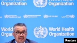 Drejtori i Përgjithshëm i Organizatës Botërore të Shëndetësisë, Tedros Adhanom Ghebreyesus, gjatë një konference për shtyp në Gjenevë