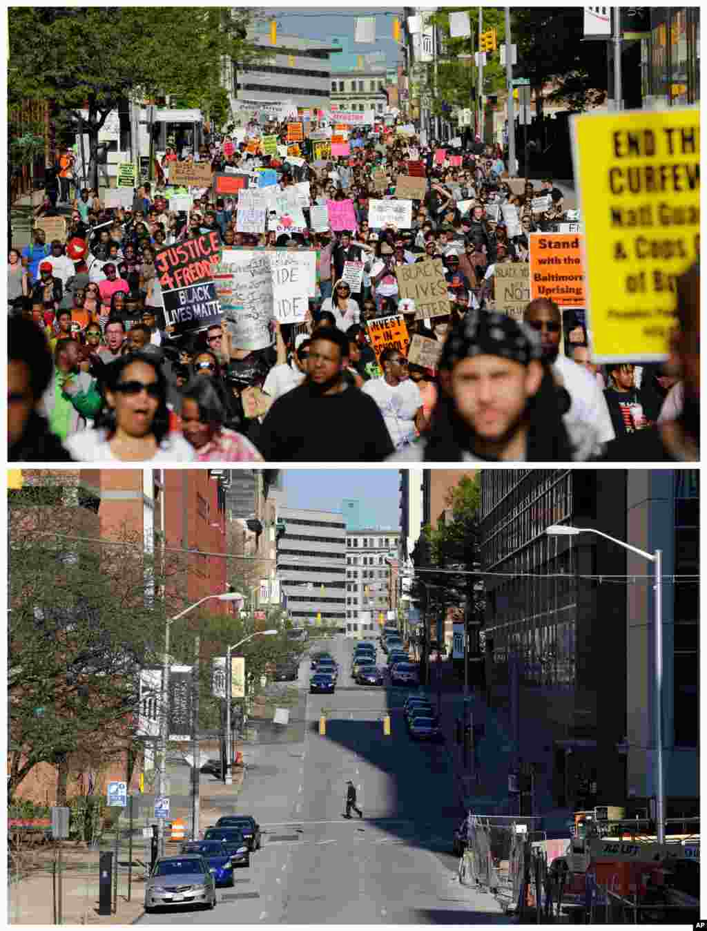 Protesters marching on May 2, 2015 in response to Freddie Gray's death, top, and a man crossing the same street on April 17, 2016, in Baltimore.