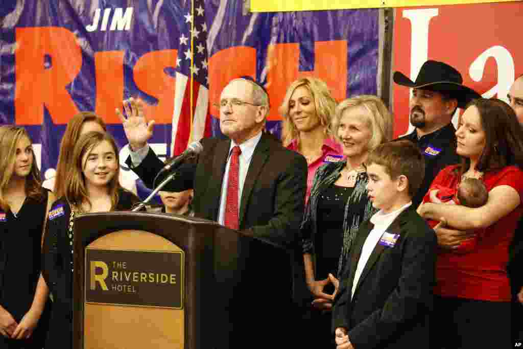 In Idaho, Republican Senator Jim Risch wins another term and speaks at an election-night event at the Riverside Hotel in Boise, Nov. 4, 2014. 