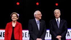 沃倫參議員、桑德斯參議員和前副總統拜登等民主黨總統參選人在南卡羅萊納州的查爾斯頓參加電視辯論。(2020年2月25日)