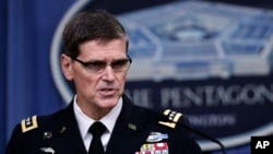 FILE - U.S. Army Gen. Joseph Votel speaks to reporters at the Pentagon, Aug. 30, 2016.