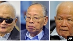 From left to right: Nuon Chea, former Khmer Rouge's chief ideologist and the No. 2 leader, Ieng Sary, former Khmer Rouge foreign minister, and Khieu Samphan, former Khmer Rouge head of state, during a trial for former Khmer Rouge top leaders, in Phnom Pen