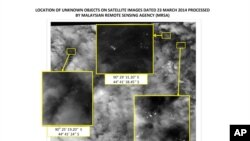 This graphic released by the Malaysian Remote Sensing Agency on Wednesday March 26, 2014, shows satellite imagery taken on March 23, 2014, with the approximate positions of objects seen floating in the southern Indian Ocean.