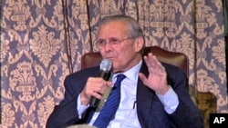 Former Secretary of Defense Donald Rumsfeld discusses his new memoir, 'Known and Unknown,' with members of the Union League Club in Chicago