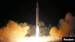 Intercontinental ballistic missile (ICBM) Hwasong-14 is pictured during its second test-fire in this undated picture provided by KCNA in Pyongyang on July 29, 2017. 