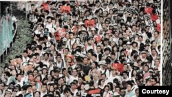 趙勝因為出現在《蘋果日報》2019年6月10日報道頭一天百萬大遊行的照片中而導致降職。圖為那幅照片的一小部分。 （蘋果日報翻拍）