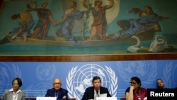 Christopher Sidoti, Marzuki Darusman and Radhika Coomaraswamy, members of the Independent International Fact-finding Mission on Myanmar attends a news conference on the publication of their final written report at the United Nations in Geneva, Switzerland