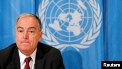 FILE - Panos Moumtzis, United Nations humanitarian coordinator on the Syria crisis, gives a news conference on the latest developments regarding humanitarian access in Syria, in Geneva, Switzerland, June 11, 2018. 