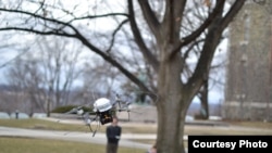An autonomous flying robot avoids a tree on the Cornell Arts Quad (credit: Saxena lab)