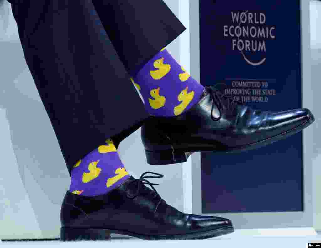 Canadian Prime Minister Justin Trudeau's socks are seen as he attends the World Economic Forum (WEF) annual meeting in Davos, Switzerland.