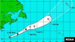 Trayectoria prevista del huracán Kate, que se alejará de la costa este de Estados Unidos (a la izquierda).