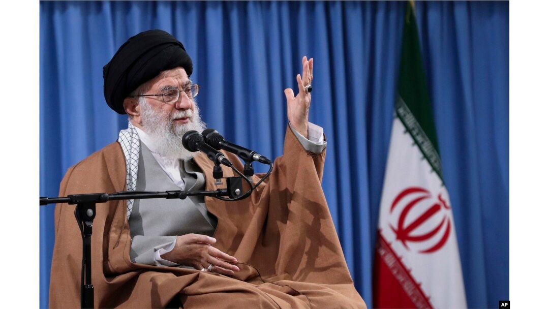 FILE - In this picture released by an official website of the office of the Iranian supreme leader, Ayatollah Ali Khamenei speaks at a meeting with a group of Revolutionary Guards and their families, in Tehran, Iran, April 9, 2019.