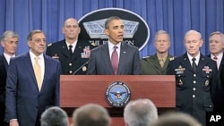 President Barack Obama speaks about defense strategic guidance, at the Pentagon, January 5, 2012. From left are, Army Secretary John McHugh, Defense Secretary Leon Panetta, Army Chief of Staff Gen. Raymond T. Odierno, the president, Marine Corps Commandan