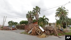 Piles of debris are shown on the sidewalks in front of homes waiting to be hauled away, Sept. 27, 2017, in Hialeah, Fla. Up and down Florida's peninsula, county officials say tree limbs made up the bulk of the storm debris.