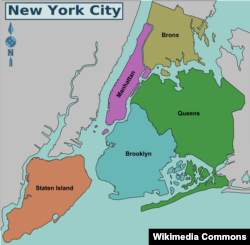 نقشهٔ نیویورک و پنج ناحیه آن. موکتار دیالو در برانکس زندگی می‌کرد.
