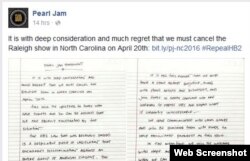 FILE - A website screen grab shows a statement by the rock band Pearl Jam, announcing the cancellation of a planned April 20 concert in North Carolina, April 18, 2016. They called a recently passed North Carolina law "despicable."