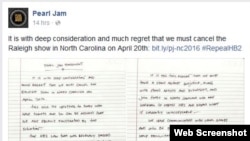A website screen grab shows a statement by the rock band Pearl Jam, announcing the cancellation of a planned April 20 concert in North Carolina, April 18, 2016. They called a recently passed North Carolina law "despicable."
