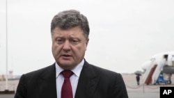 Ukrainian president Petro Poroshenko makes a statement, at Boryspil airport in Kyiv, Aug. 28, 2014.