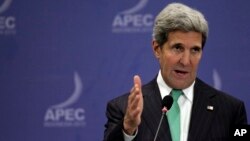 U.S. Secretary of State John Kerry speaks during a press conference at the Asia-Pacific Economic Cooperation (APEC) summit in Bali, Indonesia, Saturday, Oct. 5, 2013. 