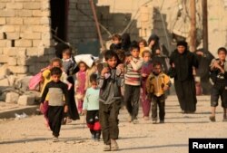 Displaced people who fled the violence of Islamic State militants in Hammam al-Alil, south of Mosul, head to safer territory in Iraq, Nov. 7, 2016.