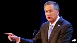 FILE - Ohio Gov. John Kasich delivers his State of the State address at the Sandusky State Theatre, April 4, 2017, in Sandusky, Ohio. 