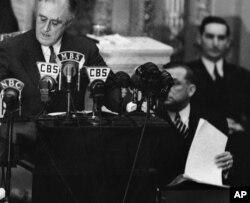 President Franklin D. Roosevelt addresses both houses of Congress in Washington, Jan.4, 1939, for a State of the Union speech focused largely on American defense.