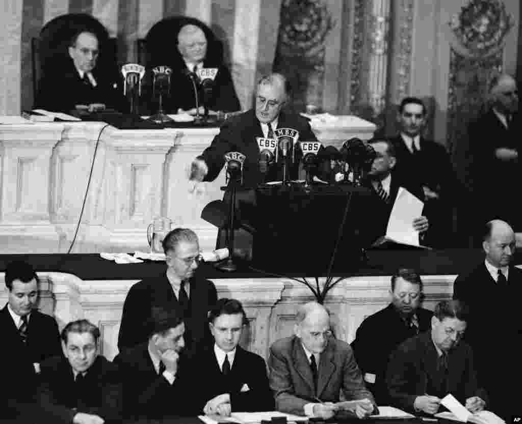 President Franklin D. Roosevelt addresses both houses of Congress in Washington, Jan.4, 1939, for a State of the Union speech focused largely on American defense.