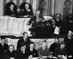 FILE - President Franklin D. Roosevelt addresses both houses of Congress in Washington, Jan.4, 1939, for a State of the Union speech