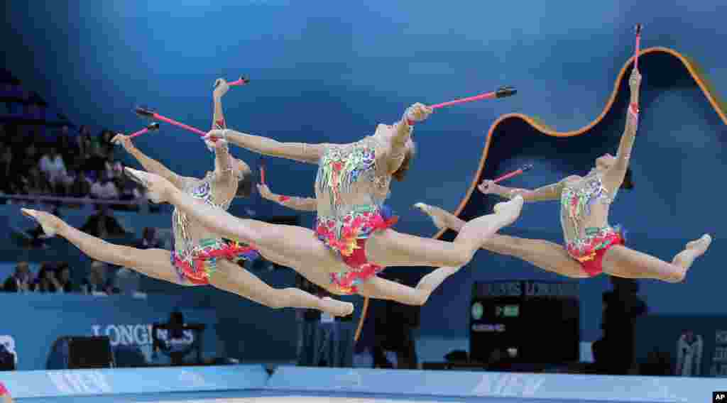 The Russian team performs during the 32nd rhythmic gymnastics world championships, in Kyiv, Ukraine.
